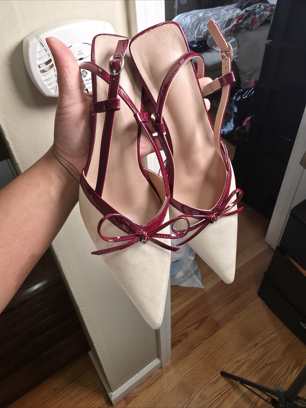 Pointed Toe Slingback Flats with Berry Patent Trim